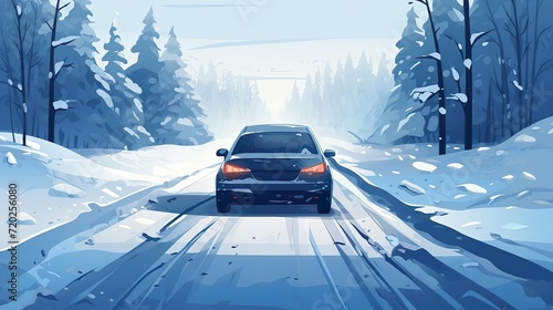 Car driving on snowy road in winter.