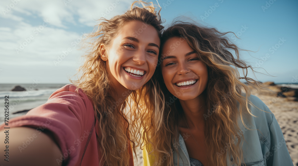 Two women take a selfie on the beach near to the sea. Two women take a selfie on the beach near to the sea.