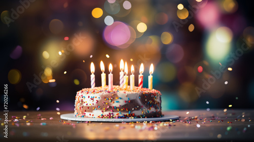 Birthday cake on blur sparkling background. Cake with candle on table