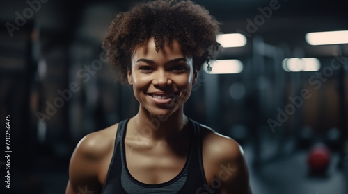 Portrait of smiling black athlete woman at the gym. A close-up of a beautiful athletic black woman.