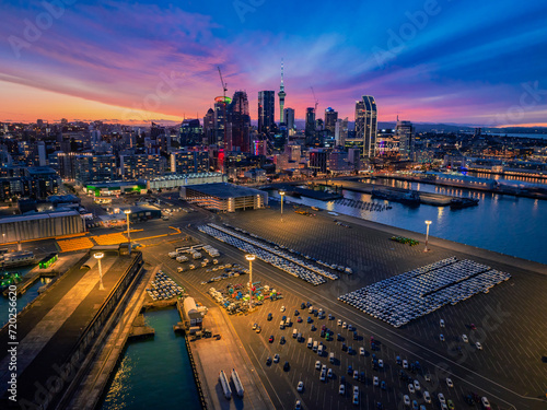 Aerial view of downtown Auckland waterfront at dusk, New Zealand photo