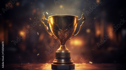 Golden trophy cup on dark background. Golden champion cup with sparkling background