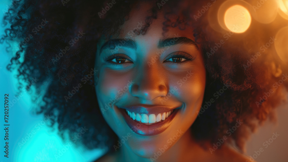 A beautiful African-American girl with a lush hairstyle is laughing A beautiful African-American girl with a lush hairstyle is laughing