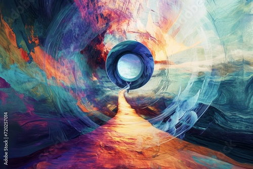A visually striking digital artwork symbolizing the journey to discover life's purpose. Abstract pathways weave through the composition, leading to key symbols representing personal goals photo