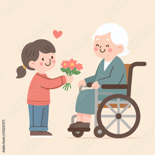 flat illustration of a small child giving flowers to a grandmother sitting in a wheelchair. simple and minimalist