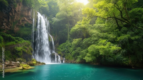 A stunning waterfall flowing gracefully amidst a vibrant greenery.
