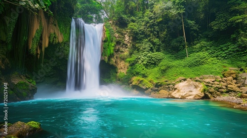 A stunning waterfall flowing gracefully amidst a vibrant greenery.
