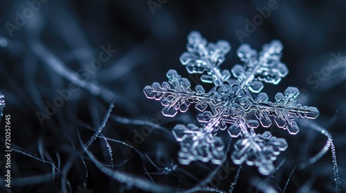 Capturing the exquisite details of a unique snowflake, this macro shot showcases its intricate beauty in all its glory. photo