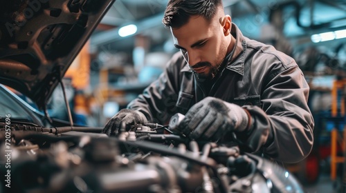 Skilled mechanic meticulously working on a car engine, providing thorough repair and maintenance services.