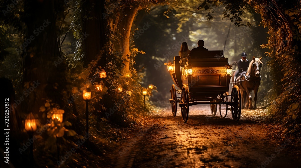 Obraz premium Traditional rickshaw in the street at night, tunnel in the woods