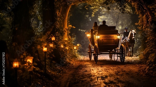 Traditional rickshaw in the street at night, tunnel in the woods