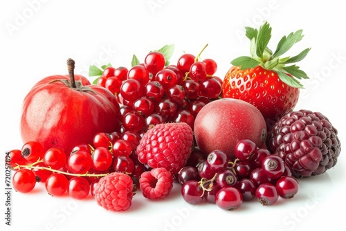 Vibrant red fruits and berries isolated on a white background