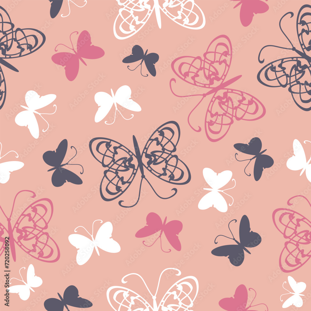Seamless vector pattern with butterflies on pink background. Simple elegant baby shower wallpaper design. Decorative modern summer fashion textile. Seamless vector pattern with butterflies on pink background. Simple elegant baby shower wallpaper design. Decorative modern summer fashion textile.