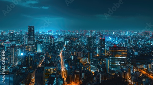 A breathtaking view of a vibrant modern city illuminated by the dazzling lights of the night.