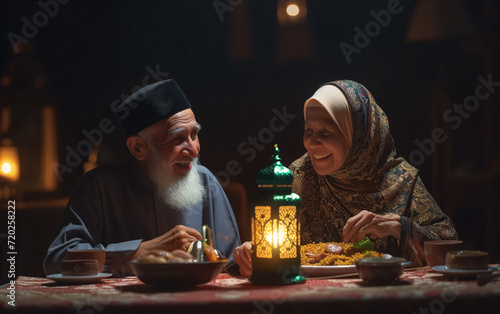Muslim old man and muslim old woman with some dish of Ramadan and lamp