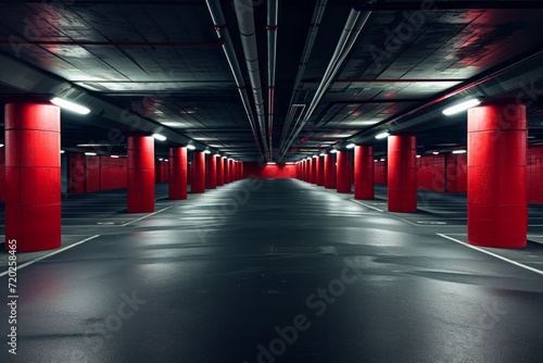 An empty underground parking garage with red painted columns