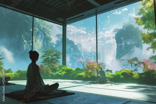 A digital illustration showcasing a futuristic mindfulness retreat, where individuals engage in advanced relaxation techniques. The environment is a blend of nature and technology, with holographic photo