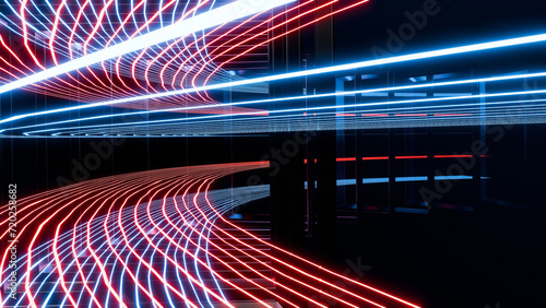 Fototapeta Naklejka Na Ścianę i Meble -  3d wallpaper with light trails in rectangles tunnel, abstract background, backdrop for business or technology banner, 3d render, blue and red