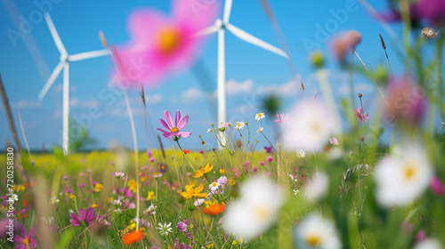 A field of flowers against the background of wind turbines