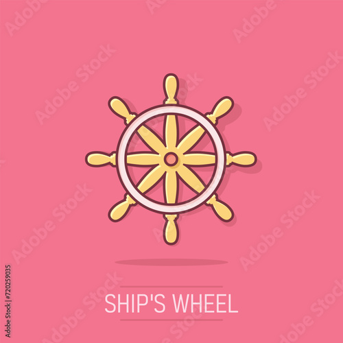 Helm wheel icon in comic style. Navigate steer cartoon vector illustration on isolated background. Ship drive splash effect business concept.