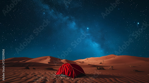 A tent under the starry sky in the desert