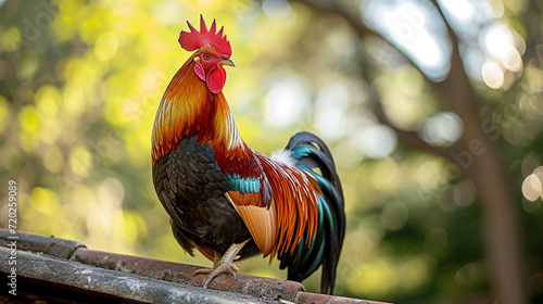 A rooster that is on the ridge of the house photo