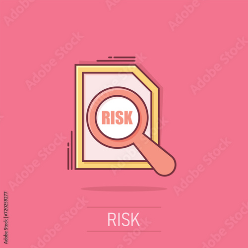 Risk level icon in comic style. Result cartoon vector illustration on isolated background. Assessment splash effect business concept.