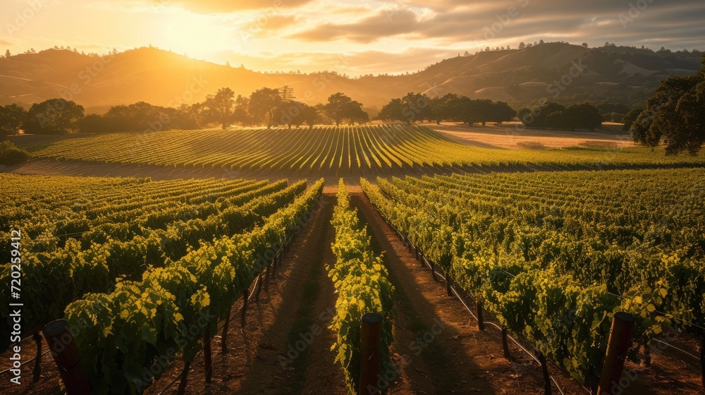 A breathtaking sunset paints a scenic view of a vineyard, with rows of grapevines stretching as far as the eye can see.