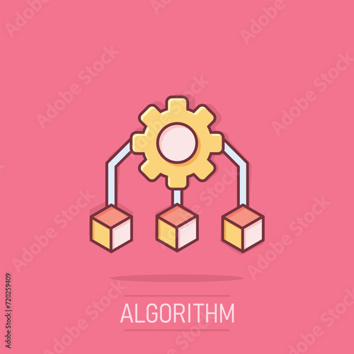 Api technology icon in comic style. Algorithm cartoon vector illustration on isolated background. Gear with arrow splash effect business concept. photo