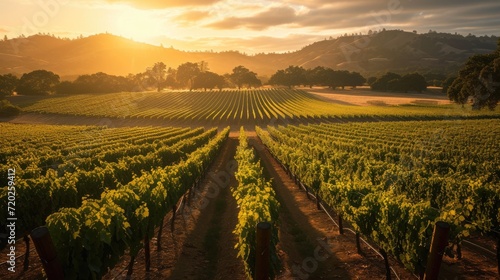A breathtaking sunset paints a scenic view of a vineyard  with rows of grapevines stretching as far as the eye can see.