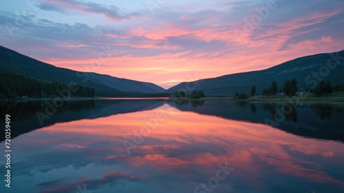 A tranquil mountain lake glows with the warm hues of sunset, mirroring the majestic surroundings. © stocker