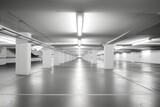 An empty underground parking garage with white painted columns