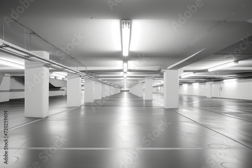 An empty underground parking garage with white painted columns photo