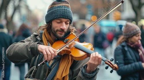 A versatile street musician captivates the crowd with soulful melodies from a melodic violin.