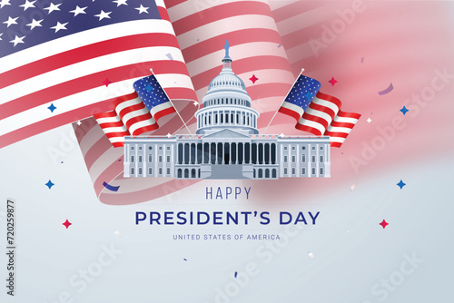 Vector banner design template for Presidents' Day with realistic american flag and text.