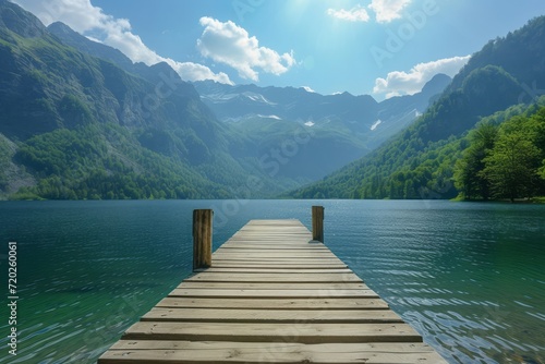 A wooden pier on a mountain lake on a bright sunny day