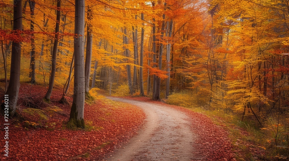 A serene forest pathway immersed in a colorful carpet of autumn leaves.