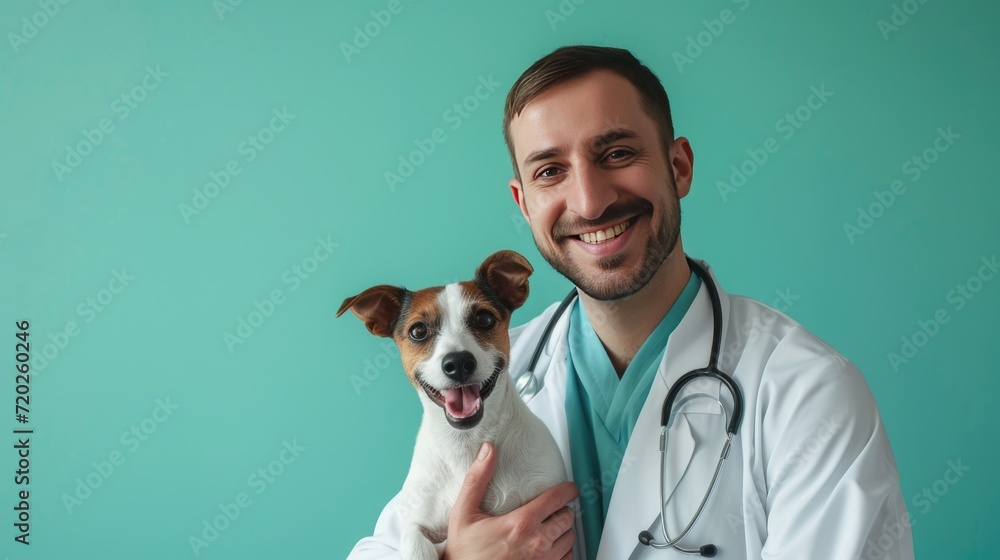 A compassionate veterinarian holding a small dog with a heartwarming smile.