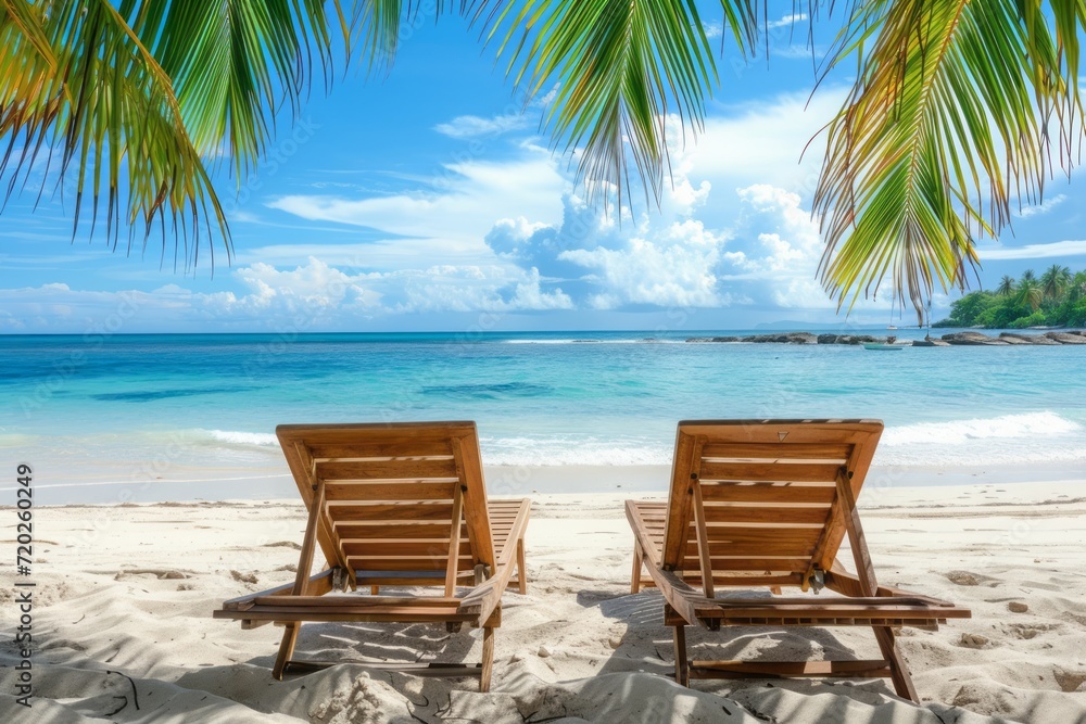 Two wooden sun loungers on a tropical ocean beach