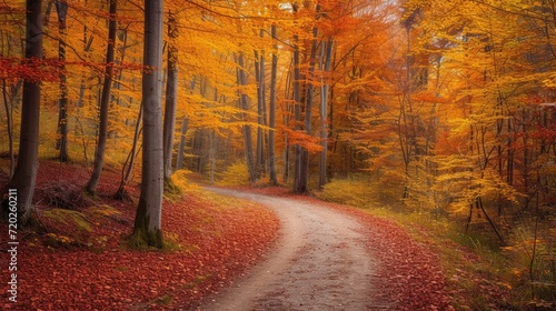 A serene forest pathway immersed in a colorful carpet of autumn leaves.