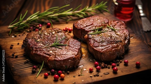 Two grilled heart-shaped beef steaks with spices