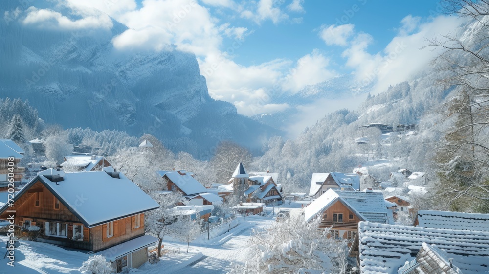 A picturesque mountain village in the midst of a winter wonderland, covered in pristine snow, offering a serene and idyllic retreat.