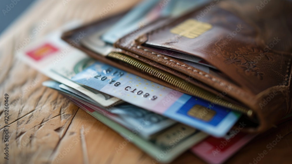 Variety of currency and credit cards in a fashionable wallet.