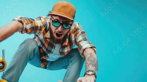 A stylish and carefree young man with a cap and sunglasses effortlessly skateboarding through the streets. © stocker