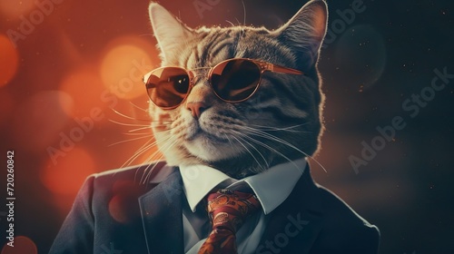 A cat wearing sunglasses and a suit with a tie photo