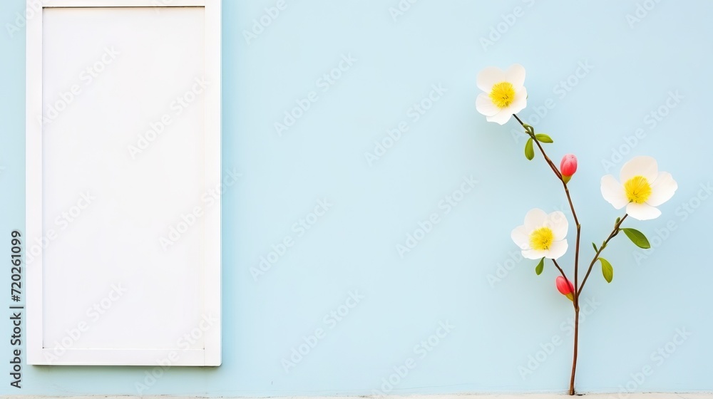 Simplistic floral design against a blue wall with a white frame