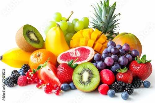 Vibrant tropical fruits and berries isolated on a white background