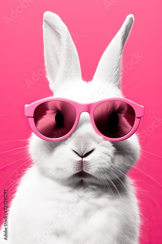 A quirky white rabbit donning pink sunglasses against a vibrant pink backdrop