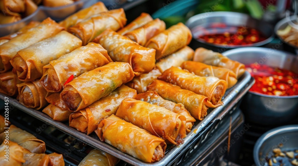 Thai Spring Rolls with sweet chili sauce, street food festival in Thailand