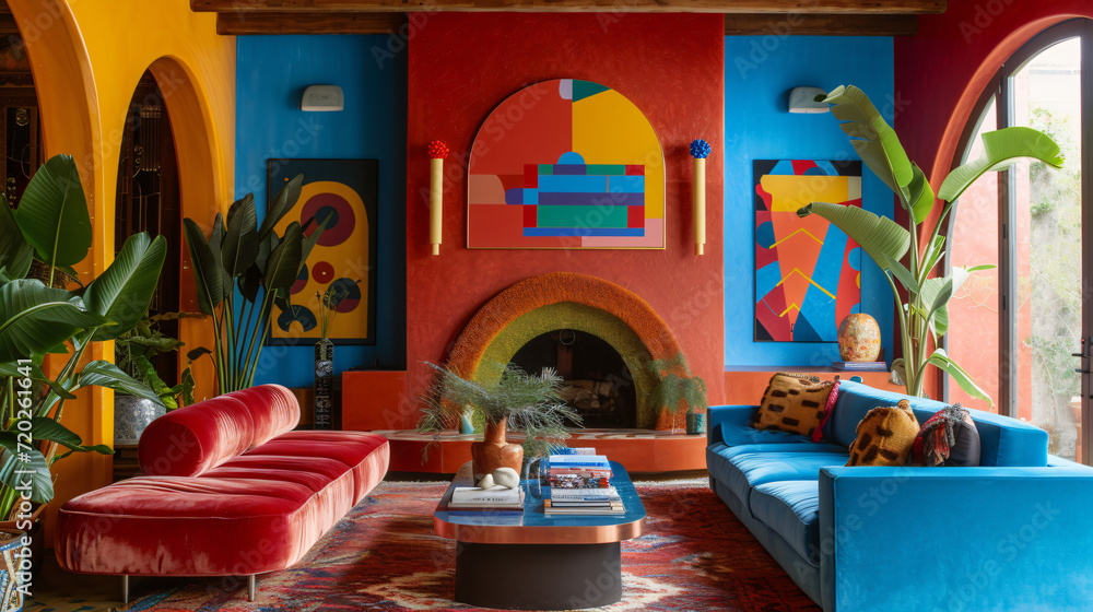 A colorful and eclectic living room